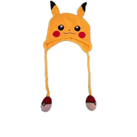 Pokemon Beanie Hat Pikachu Knitted Ears Pokeball Tassels Yellow Sock Toboggan - Picture 1 of 2